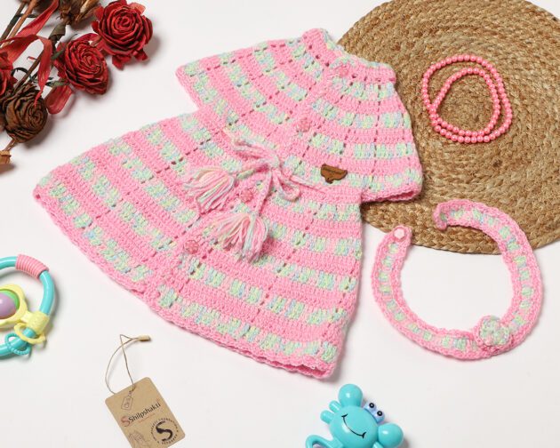 Handmade Woolen Frock Hairband Socks Set - Multicoloured Pink