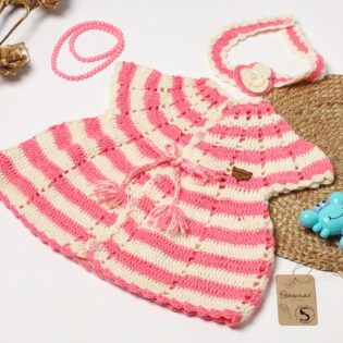 Handmade Woolen Frock and Hairband Set - Cream Pink