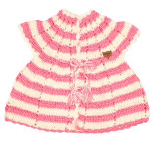 Handmade Woolen Frock and Hairband Set - Cream Pink - Image 2