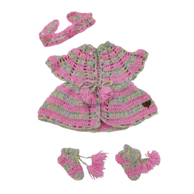 Handmade Woolen Frock Hairband Socks Set - Multicoloured Pink - Image 6