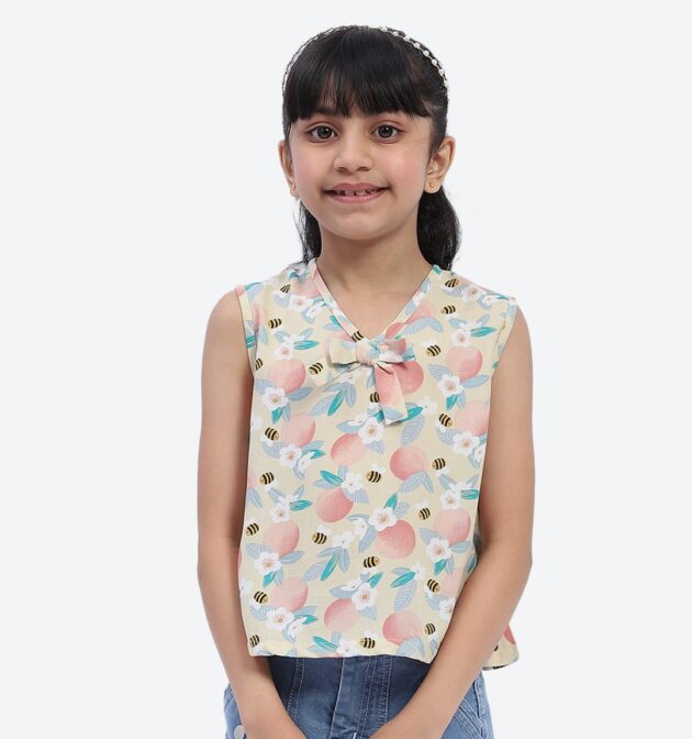 ShilpShakti Cotton Sleeveless Floral Bees Printed Top - Yellow