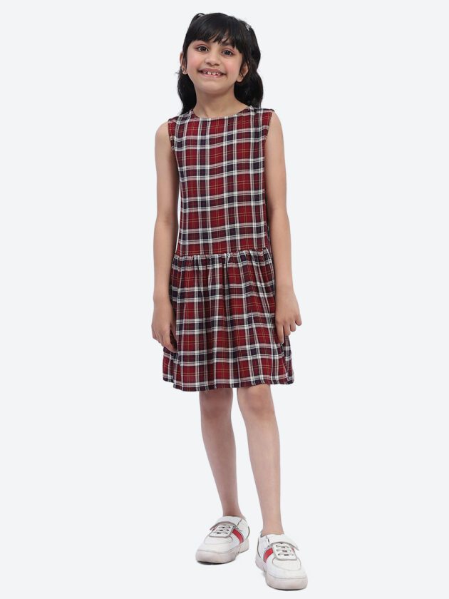 ShilpShakti Sleeveless Cotton Checked Cotton Dress - Red