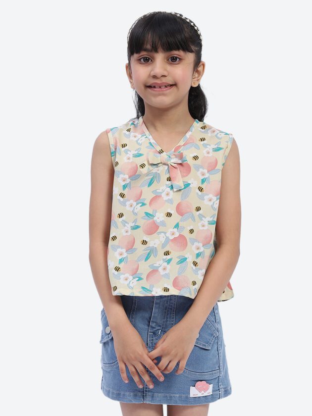 ShilpShakti Cotton Sleeveless Floral Bees Printed Top - Yellow - Image 2